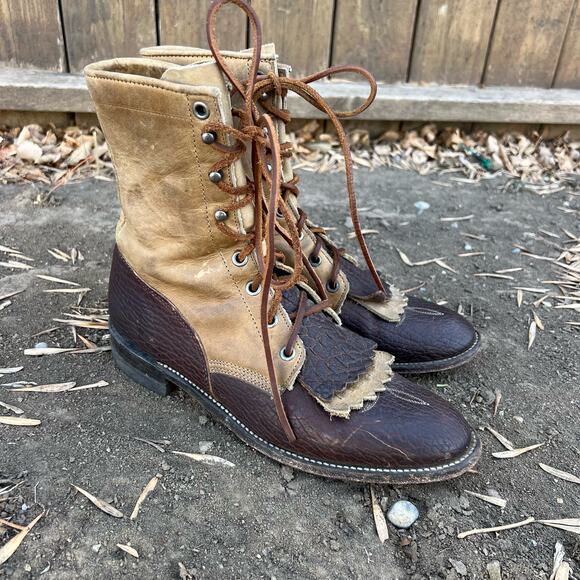 Justin Apache Brown Two Tone Roper Lace Up Cowgirl Boots 8B Style L353 - Picture 3 of 8